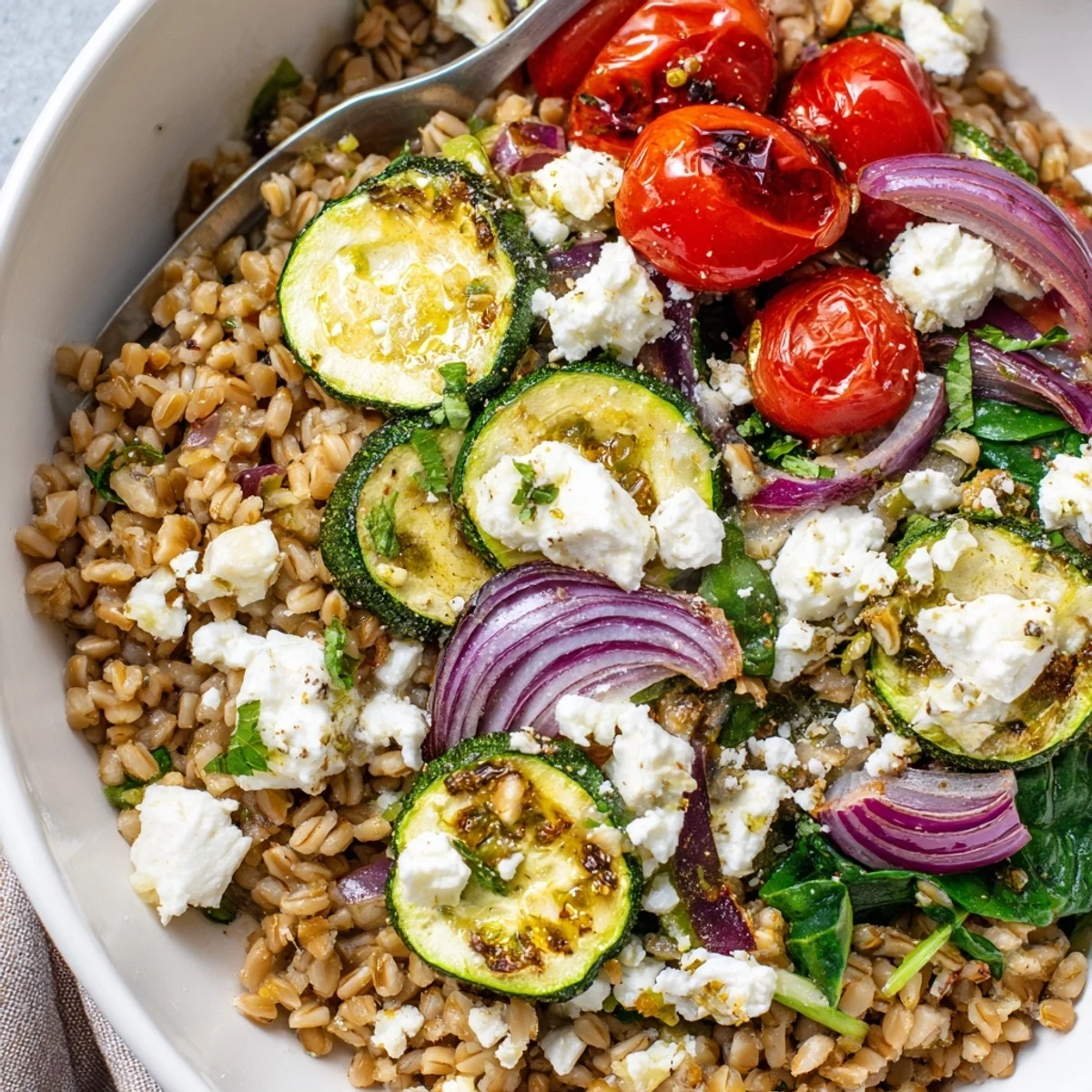 Mediterranean Roasted Zucchini Farro Grain Bowl with Feta Crumble, served warm with fresh herbs