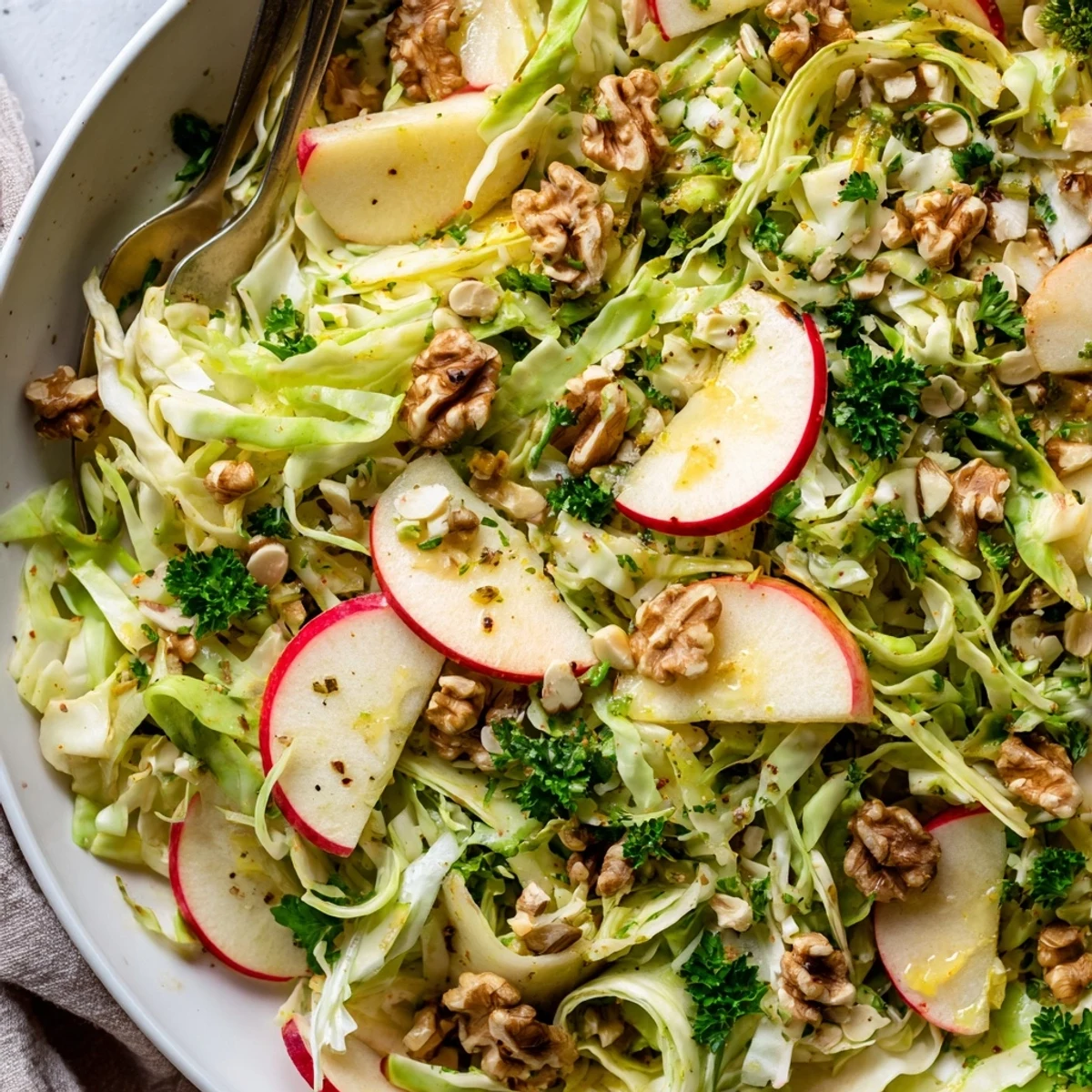 Shaved Cabbage, Apple & Walnut Salad Bowl with Dijon Dressing, crisp toasted walnuts