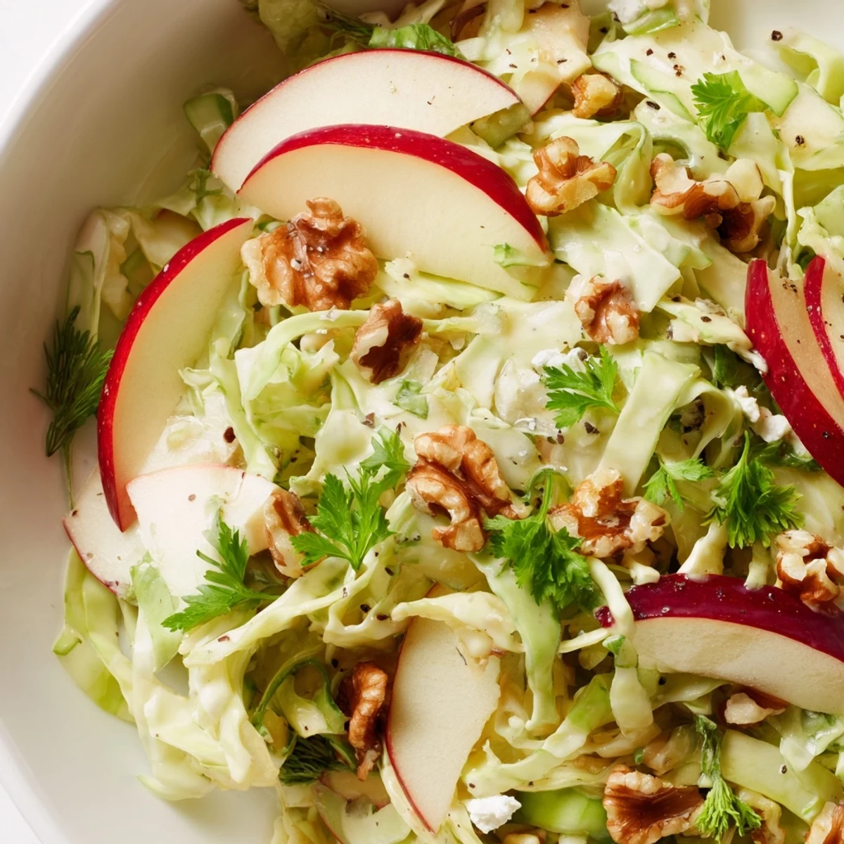 Crisp autumn flavors Shaved Cabbage, Apple & Walnut Salad Bowl with Dijon Dressing