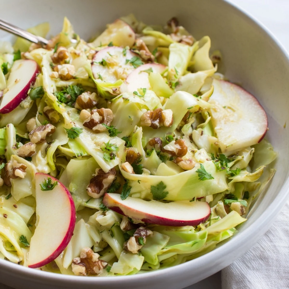 Bright tart apple slices Shaved Cabbage, Apple & Walnut Salad Bowl with Dijon Dressing