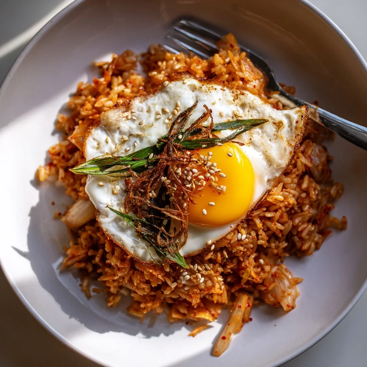 Kimchi Garlic Fried Rice with Crispy Shallots steaming, glossy grains, topped with fried egg