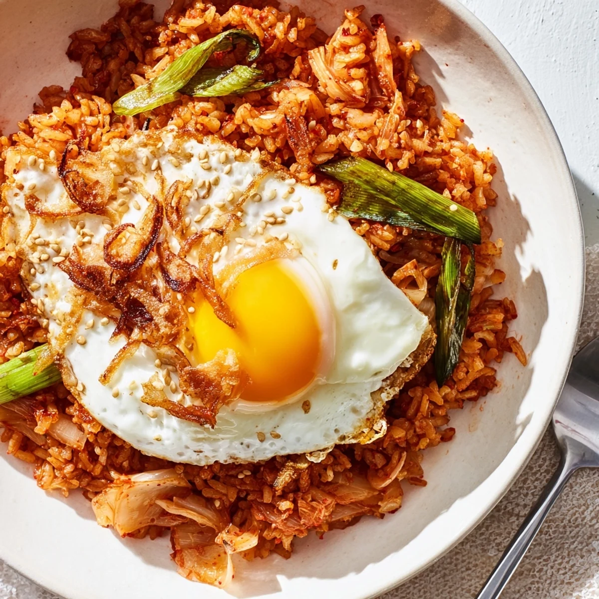 Bowl of Kimchi Garlic Fried Rice with Crispy Shallots, sesame aroma and scallions