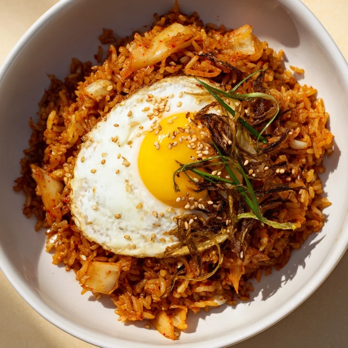 Pan-seared Kimchi Garlic Fried Rice with Crispy Shallots, garlicky aroma and crunchy topping