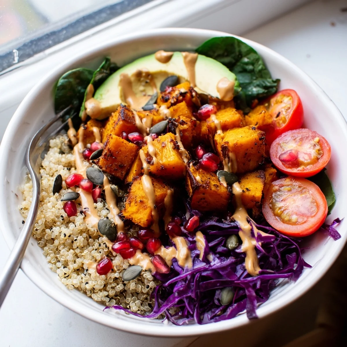Roasted Pumpkin Quinoa Grain Bowl with Cinnamon Tahini, warm caramelized pumpkin and quinoa