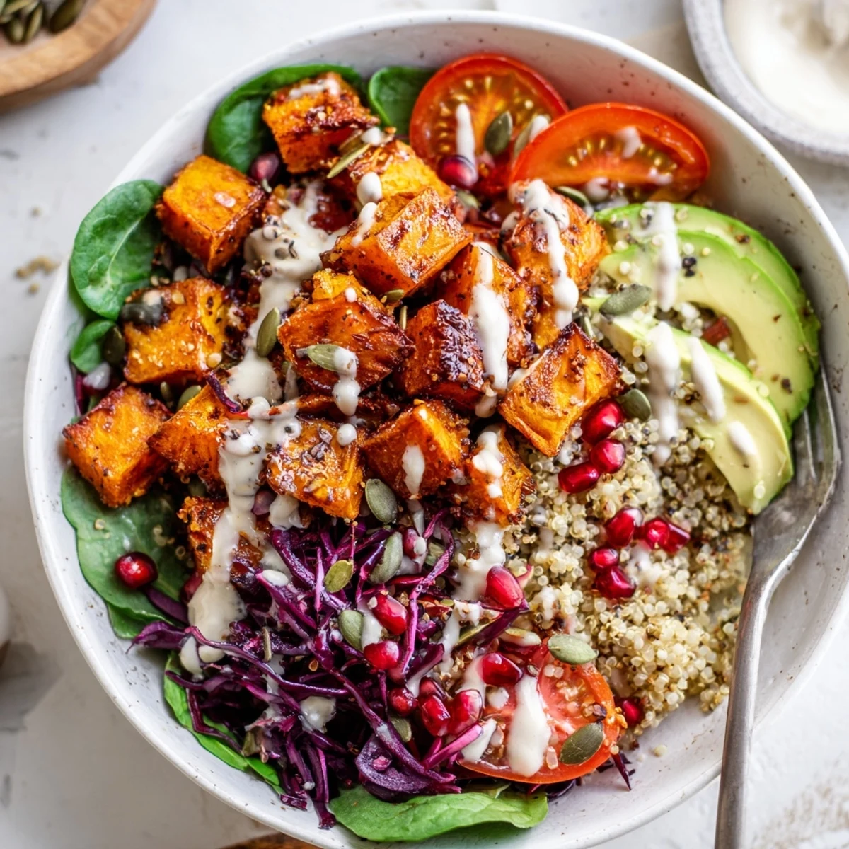 Roasted Pumpkin Quinoa Grain Bowl with Cinnamon Tahini served over fluffy quinoa and greens