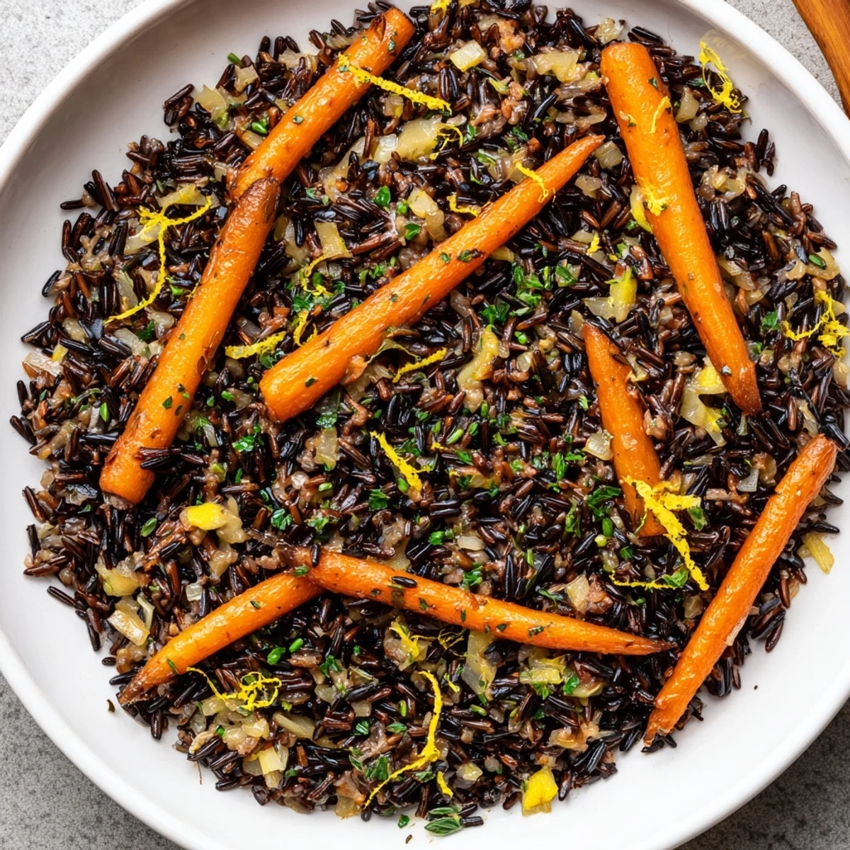 Garlic Herb Wild Rice with Roasted Carrots steaming in a rustic bowl  