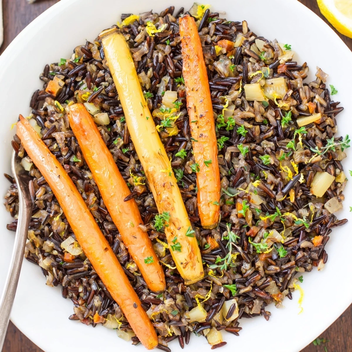 Warm Garlic Herb Wild Rice with Roasted Carrots topped with lemon zest  