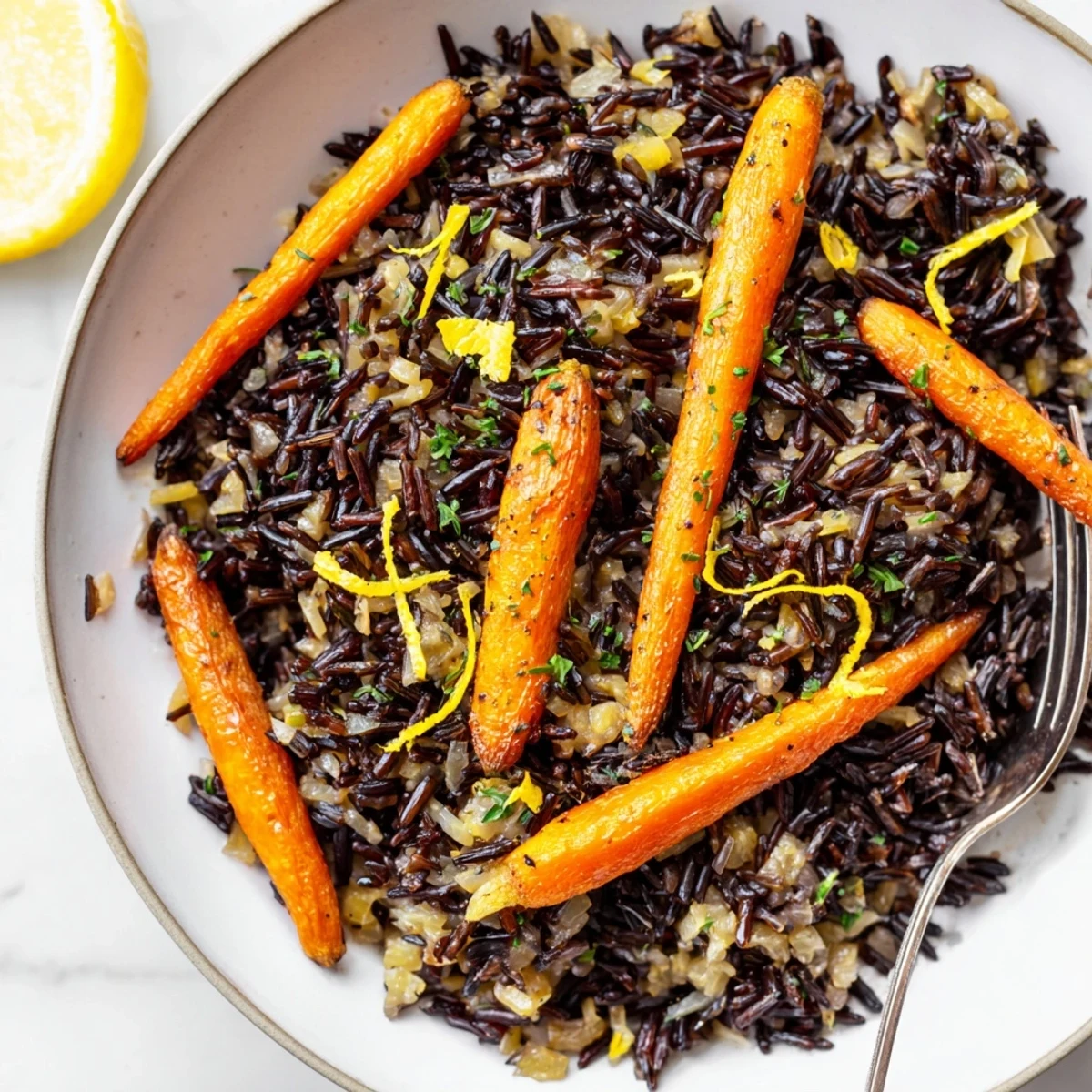 Pan of Garlic Herb Wild Rice with Roasted Carrots, fragrant herbs visible