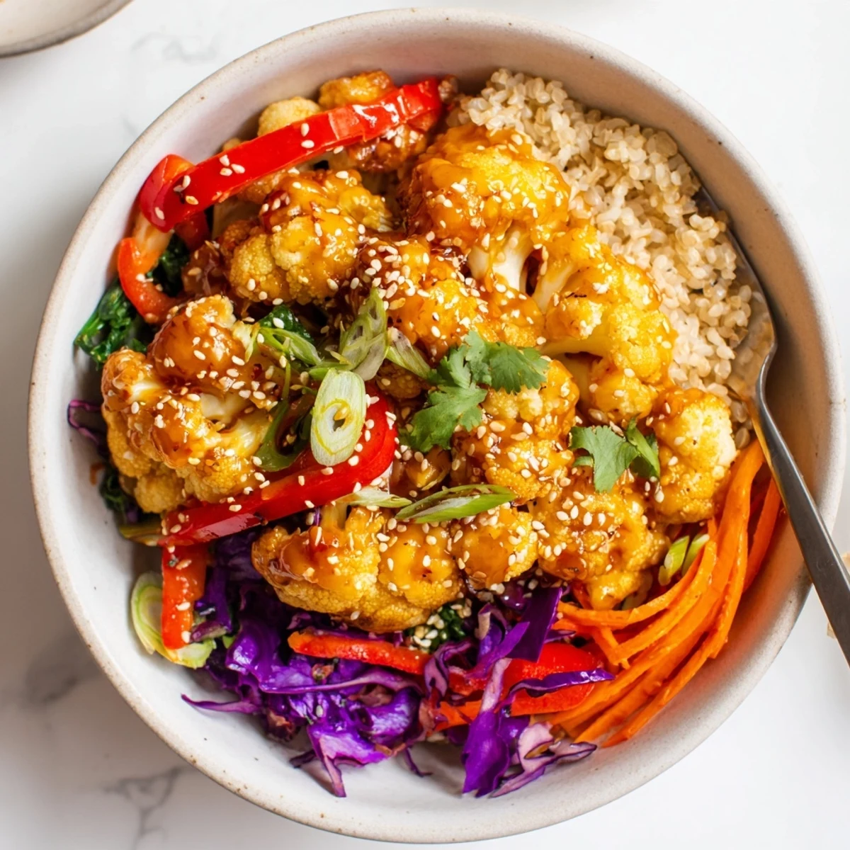 Spicy Chili Garlic Roasted Cauliflower Veggie Bowl with Sesame Crunch steaming over grains