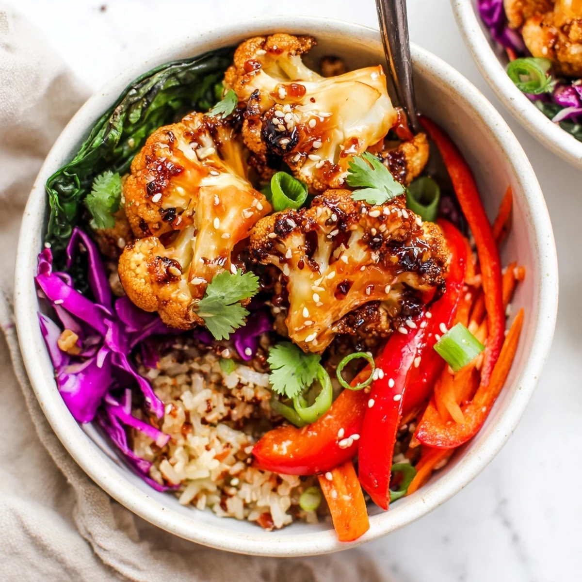 Spicy Chili Garlic Roasted Cauliflower Veggie Bowl with Sesame Crunch vibrant, glossy roasted florets