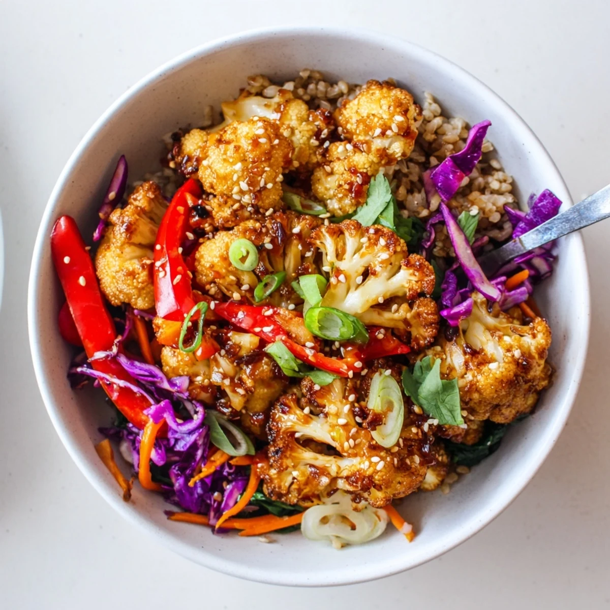 Spicy Chili Garlic Roasted Cauliflower Veggie Bowl with Sesame Crunch topped with fresh cilantro