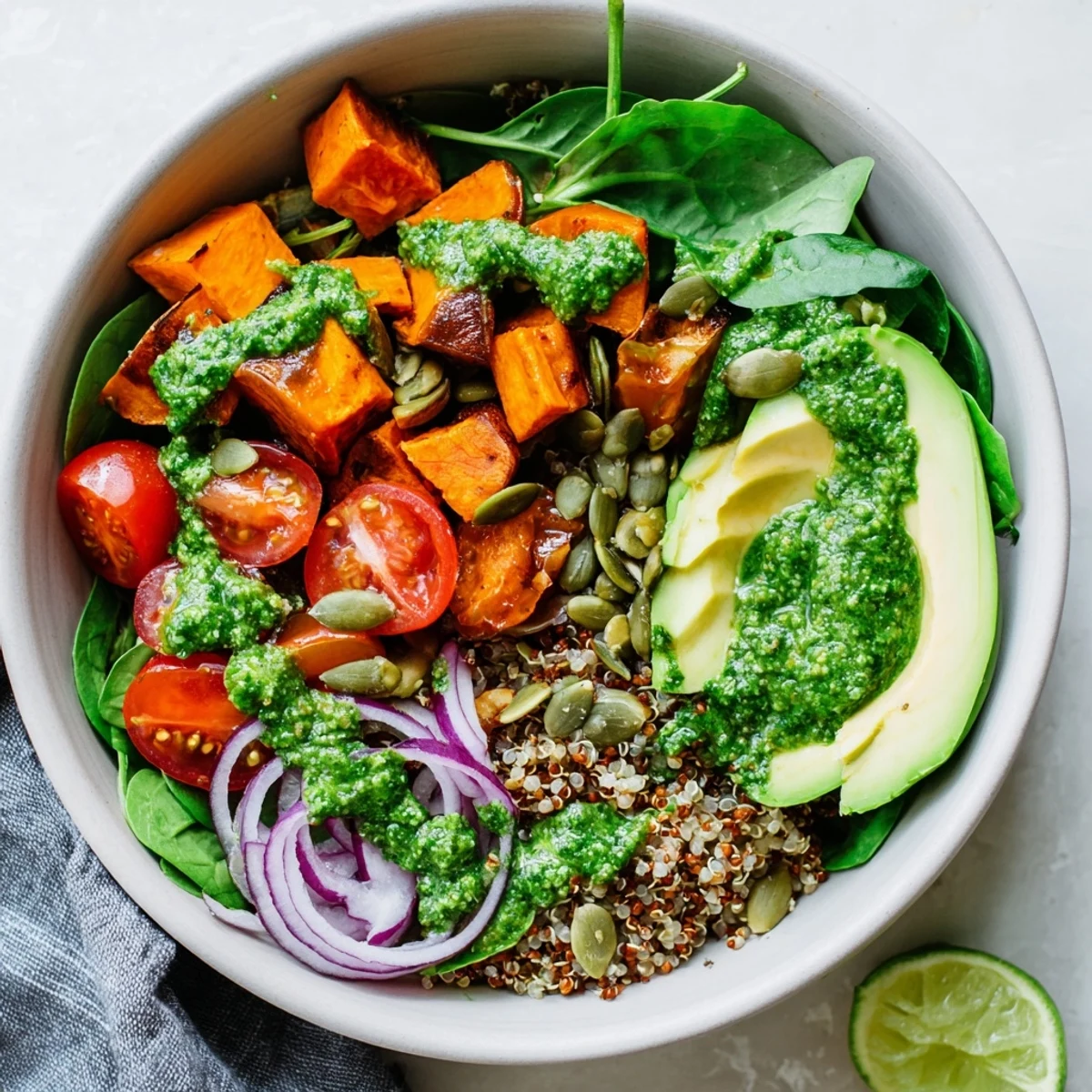 Hearty roasted sweet potato chimichurri quinoa bowl featuring fresh greens and roasted pumpkin seed garnish