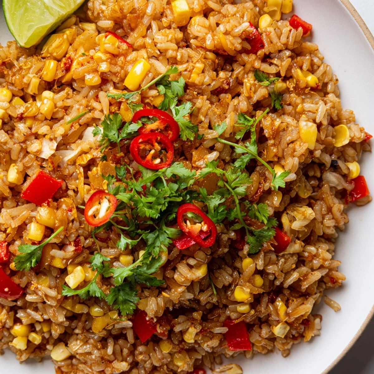 Vibrant chili lime corn fried rice topped with fresh chopped cilantro and lime wedges
