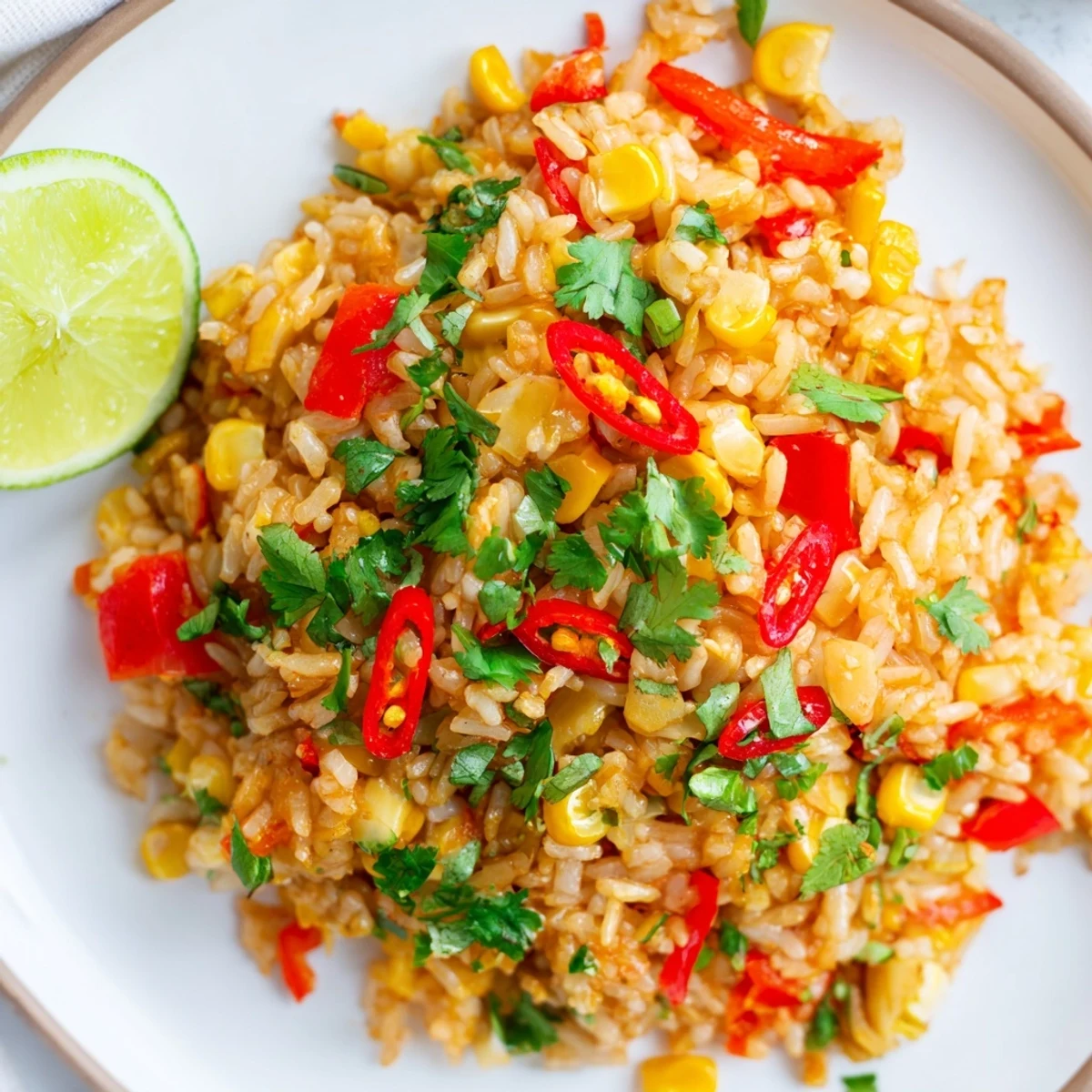 Golden fried rice studded with sweet corn kernels, red bell pepper, and sliced red chilies