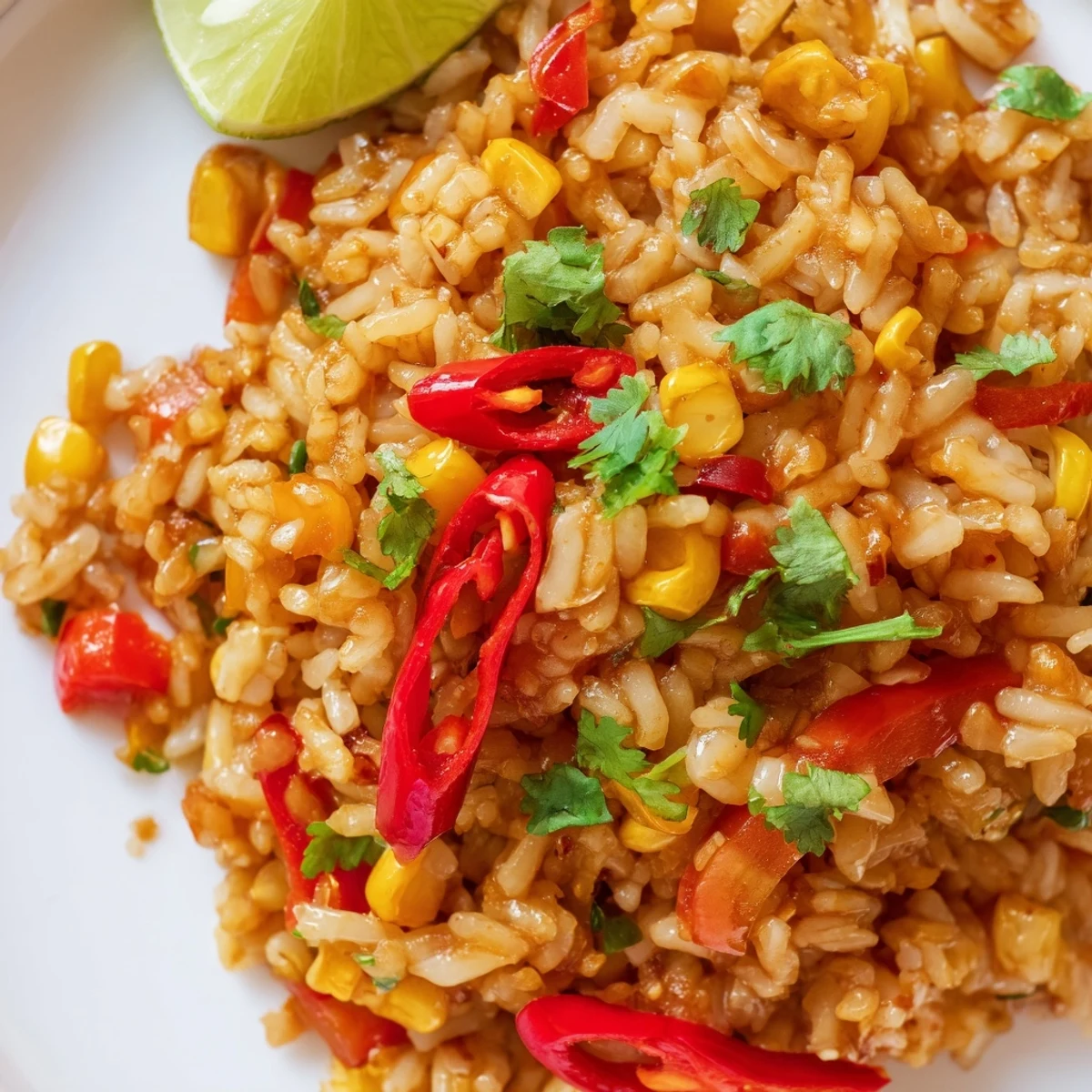 Steamy bowl of zesty vegetarian fried rice featuring corn, crisp vegetables, and fragrant cilantro garnish