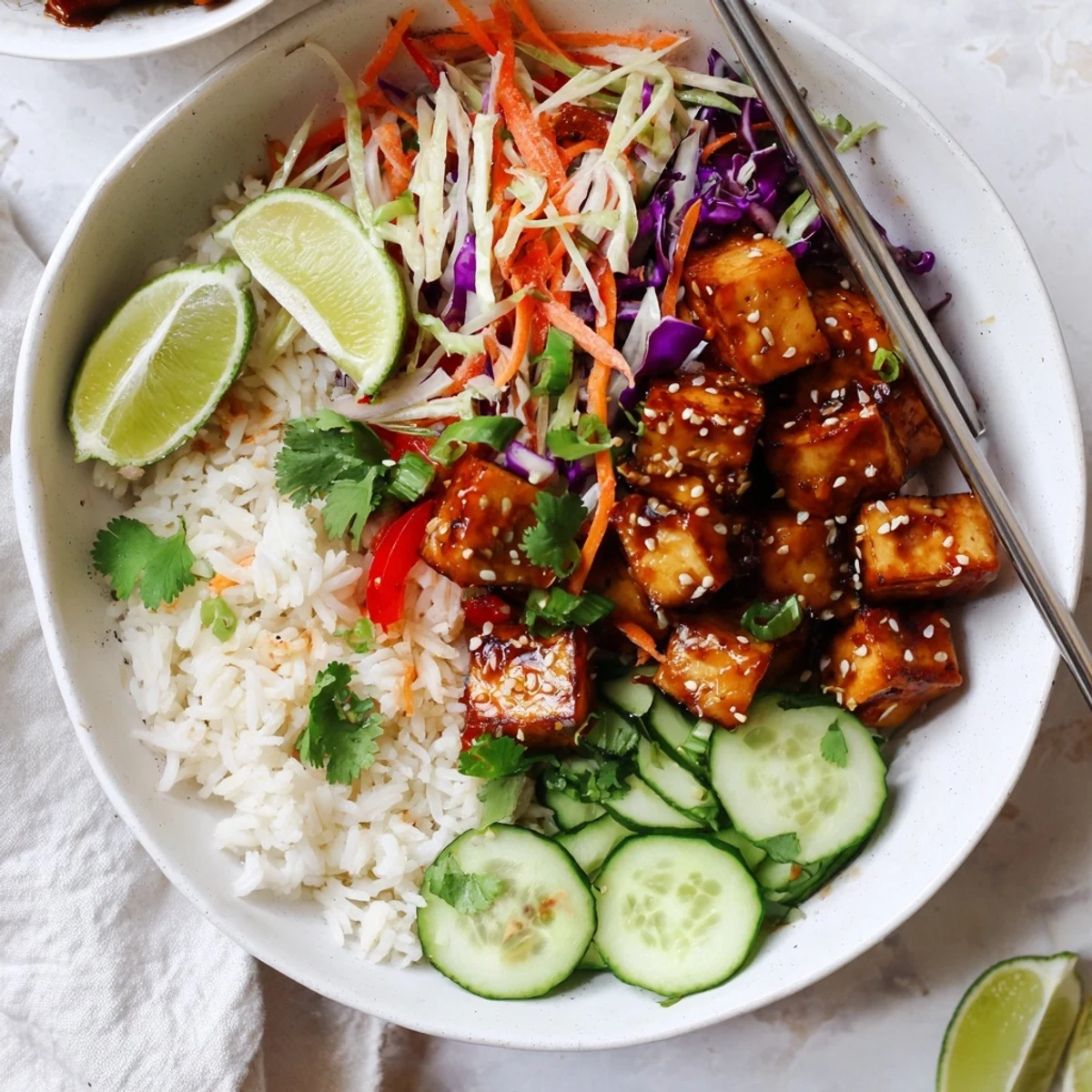 Golden crispy pineapple ginger tofu glazed in sweet tangy sauce over fluffy rice with colorful sesame slaw