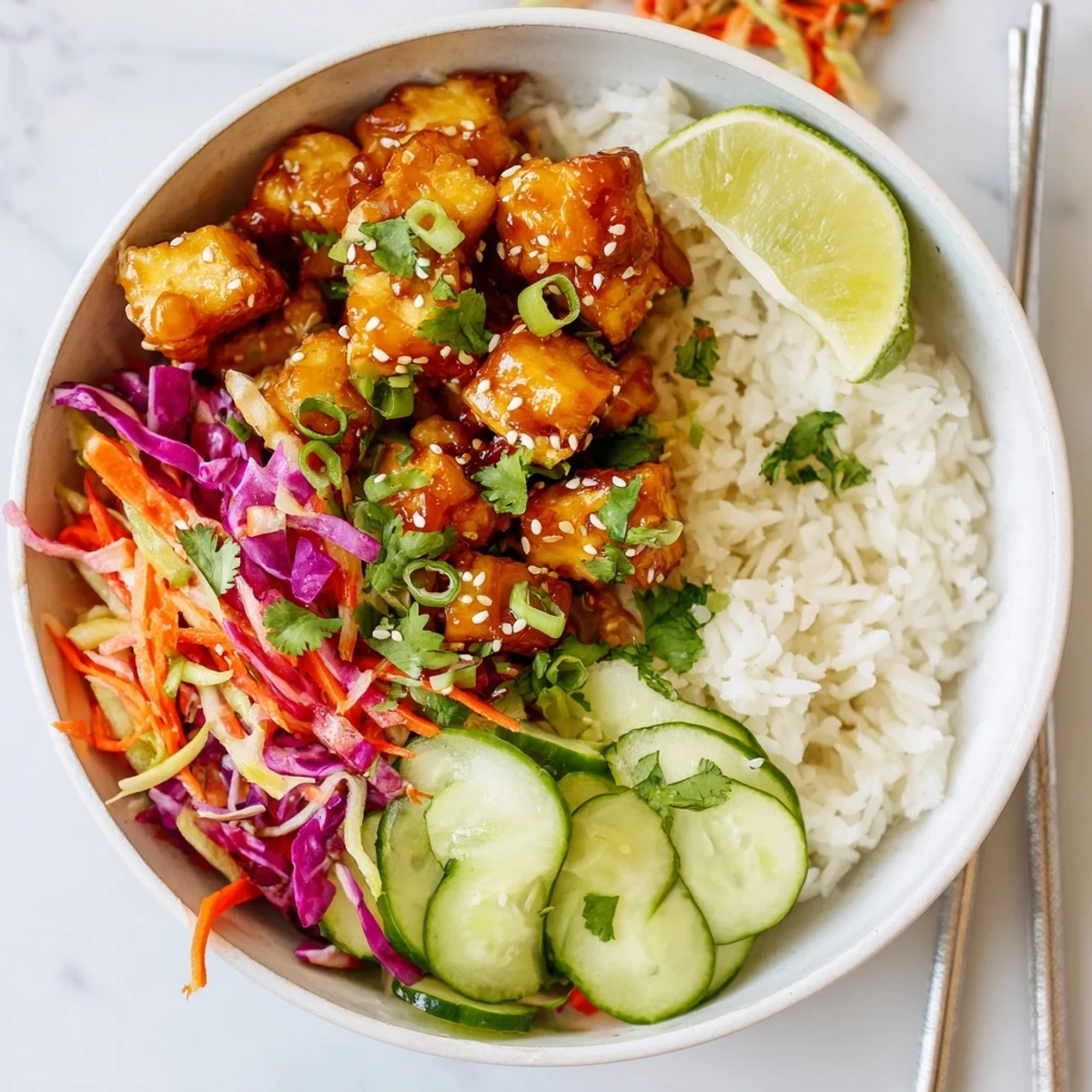 Vegan bowl featuring sticky pineapple ginger tofu cubes atop rice with crunchy cabbage carrot slaw topping