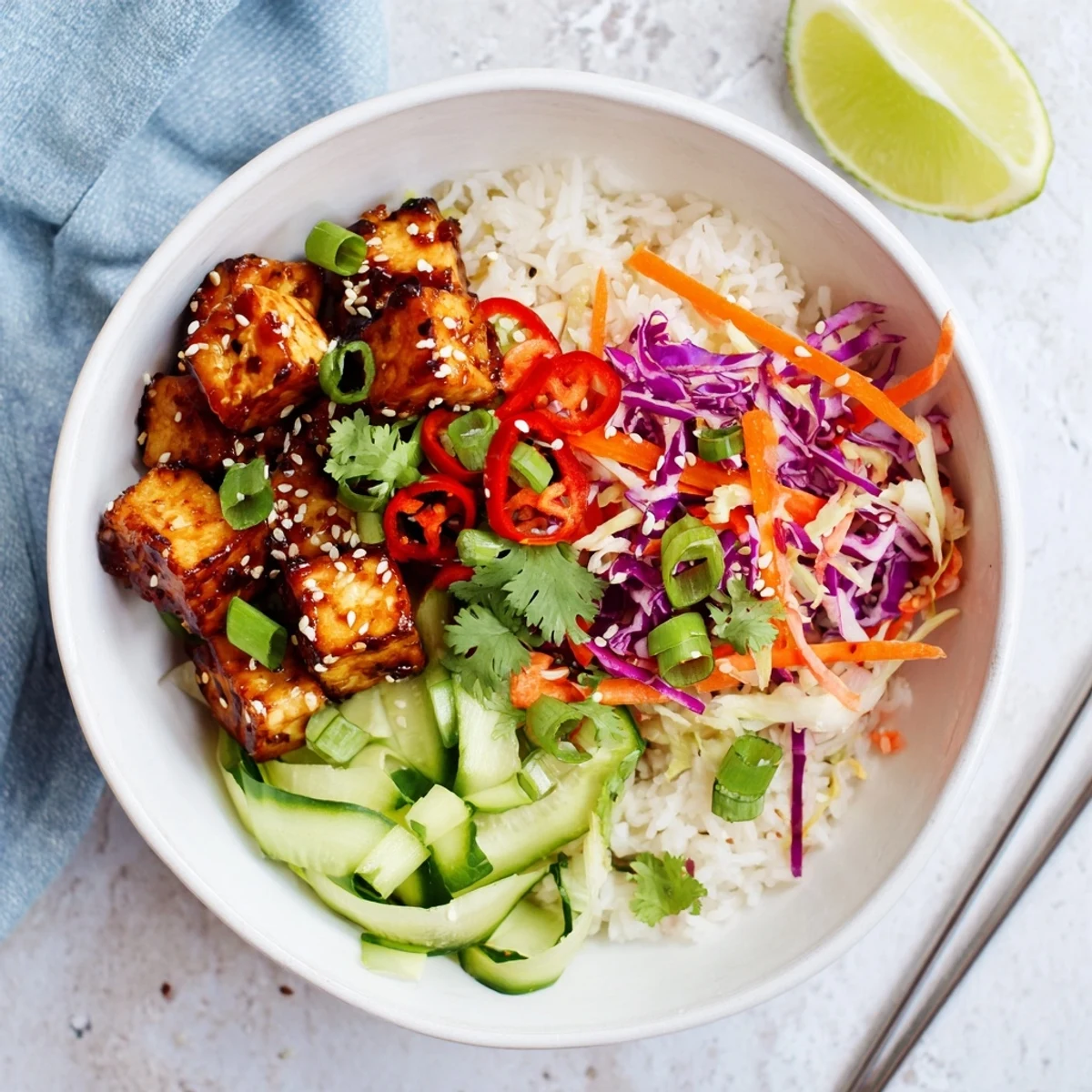 Close up of pineapple ginger tofu bowl garnished with fresh cilantro lime and toasted sesame seeds