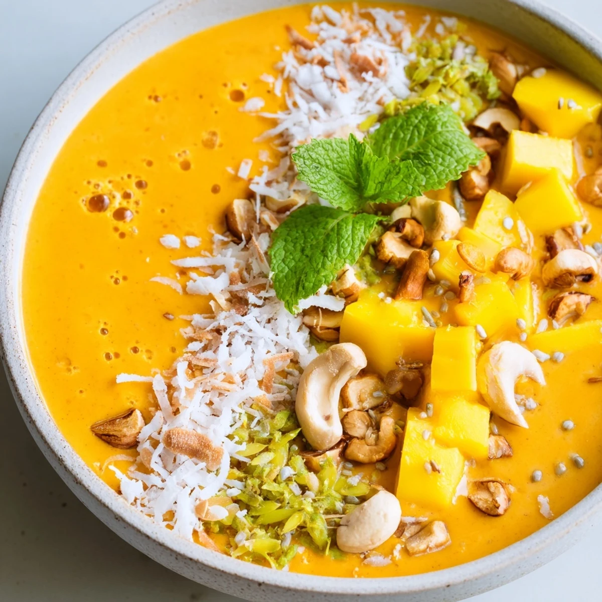 Golden tropical smoothie bowl topped with fresh mango, papaya, and zesty lime coconut crunch