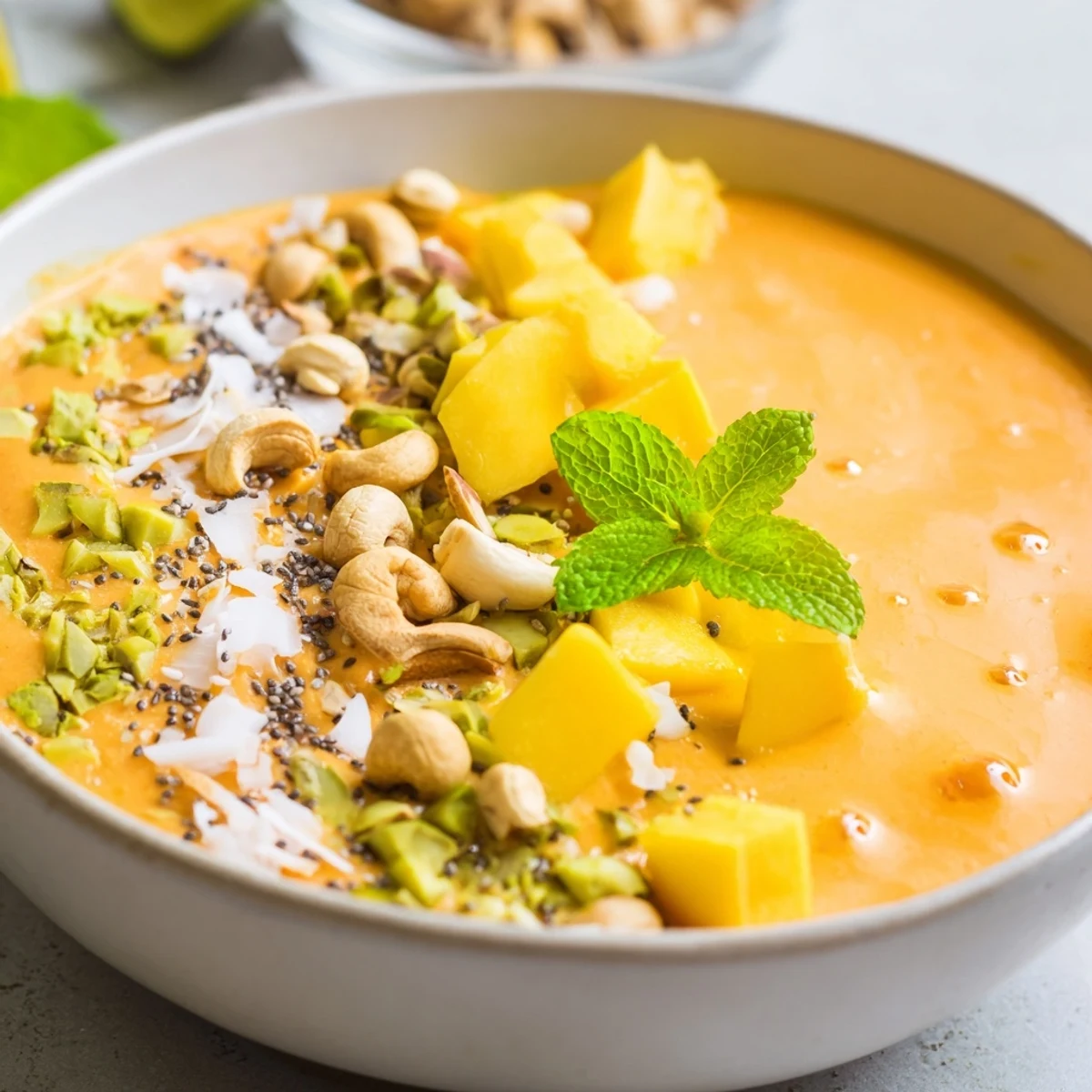 Creamy mango papaya coconut smoothie bowl arranged with colorful fruit toppings and crunchy toasted coconut
