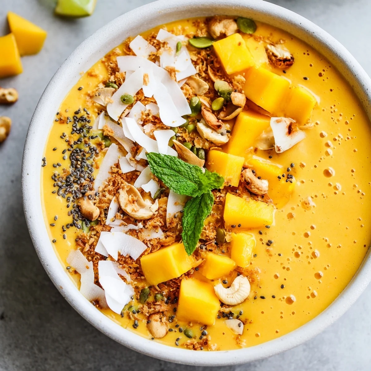 Vibrant breakfast bowl featuring blended mango and papaya base sprinkled with lime coconut crumble