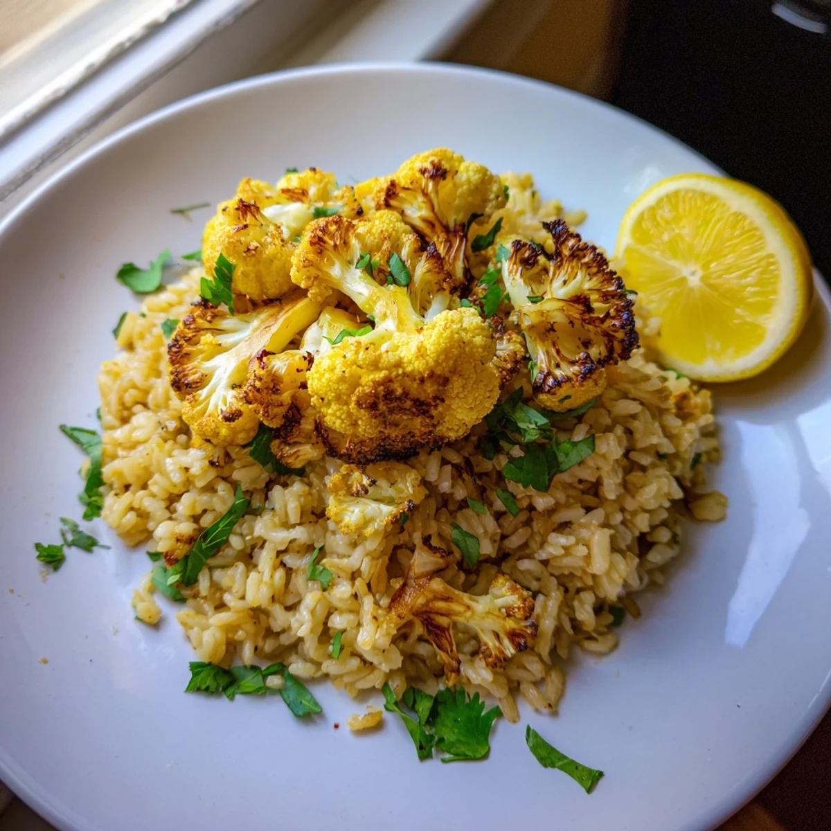 Golden turmeric jasmine rice piled with roasted cauliflower florets and fresh herbs