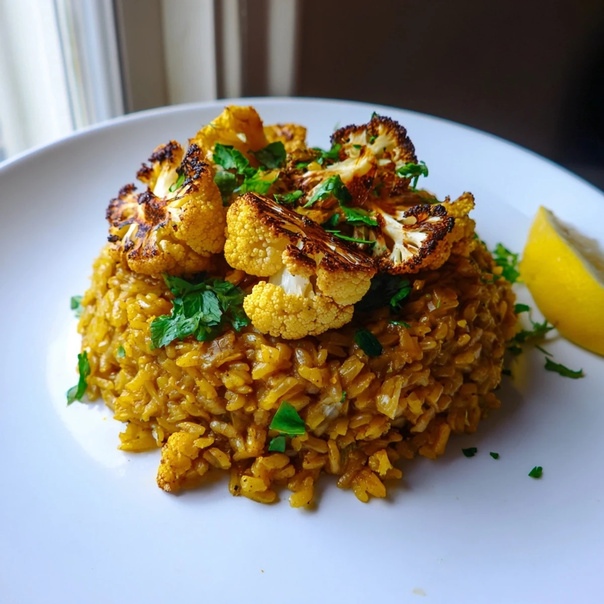 Forkful of aromatic garlic turmeric rice beside caramelized roasted cauliflower on white plate