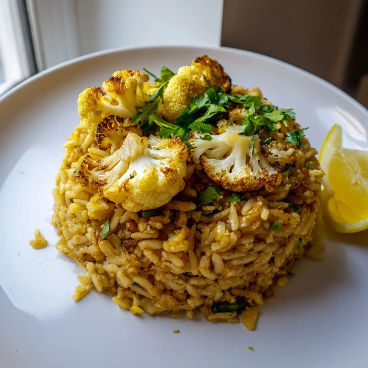 Vegan jasmine rice seasoned with turmeric and garlic topped with golden roasted cauliflower