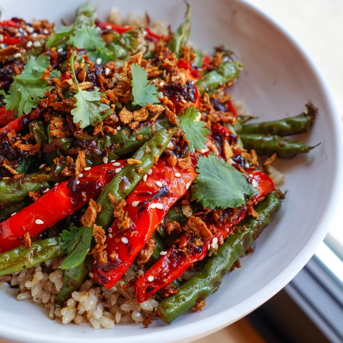 Bowl of tender roasted green beans drizzled with chili crisp sauce and golden fried garlic slices