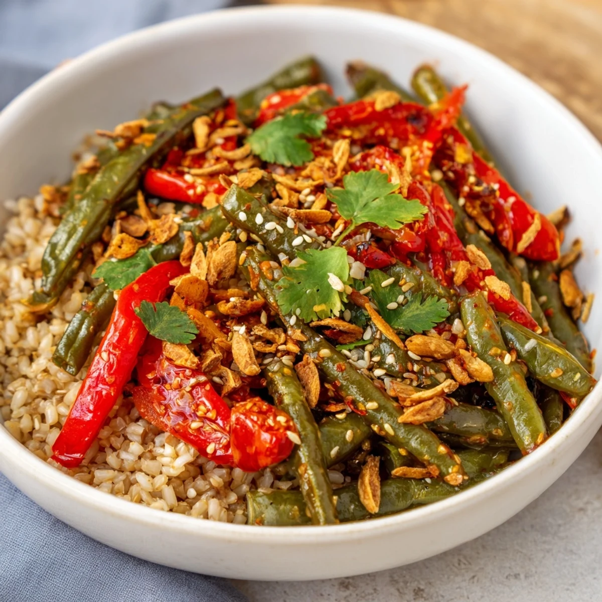 Colorful veggie bowl with roasted green beans topped with spicy chili crisp and crispy garlic chips