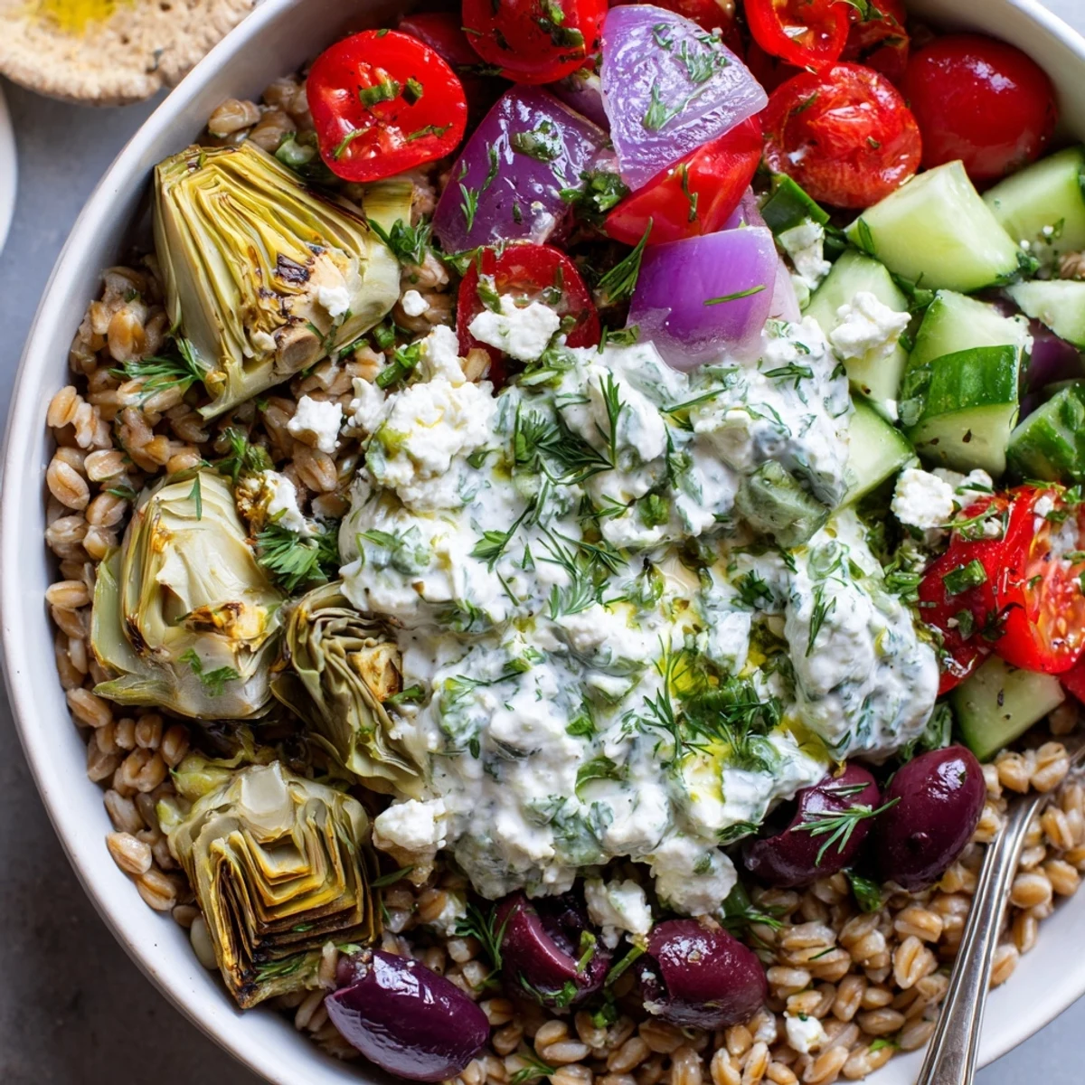 Colorful Mediterranean roasted artichoke farro grain bowl topped with creamy herb yogurt and fresh vegetables