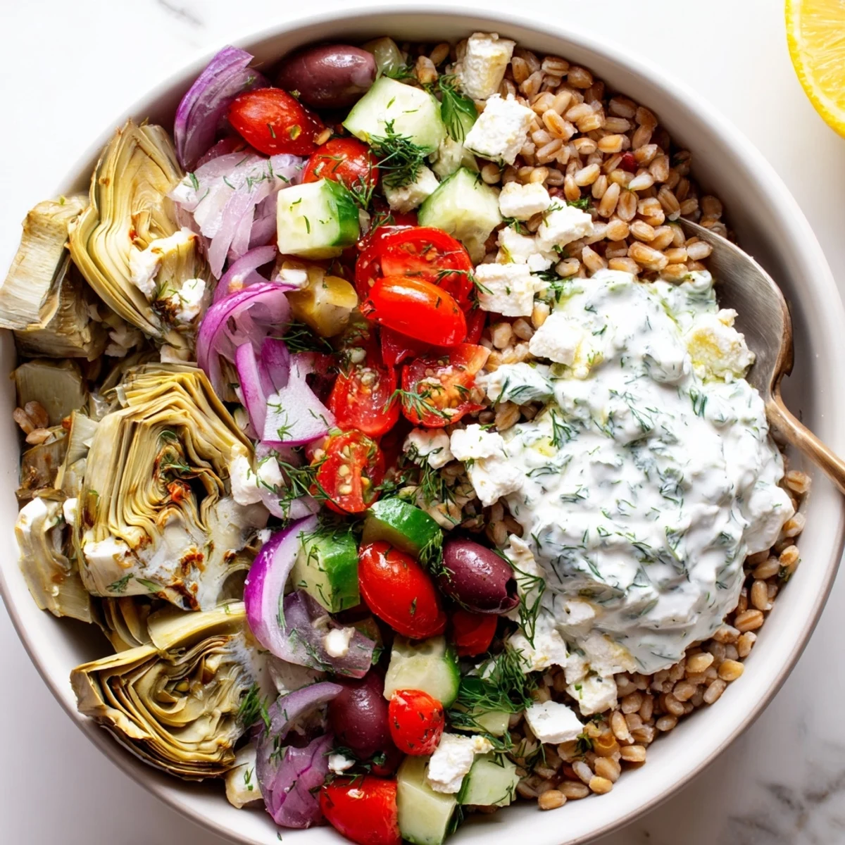 Golden artichokes and cherry tomatoes layered over nutty farro in a Mediterranean grain bowl with herb yogurt