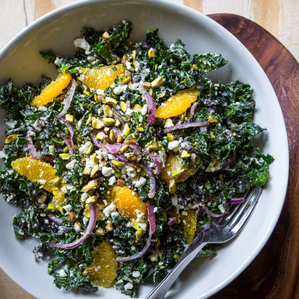 Fresh kale and orange salad bowl with chopped pistachios drizzled with bright citrus dressing