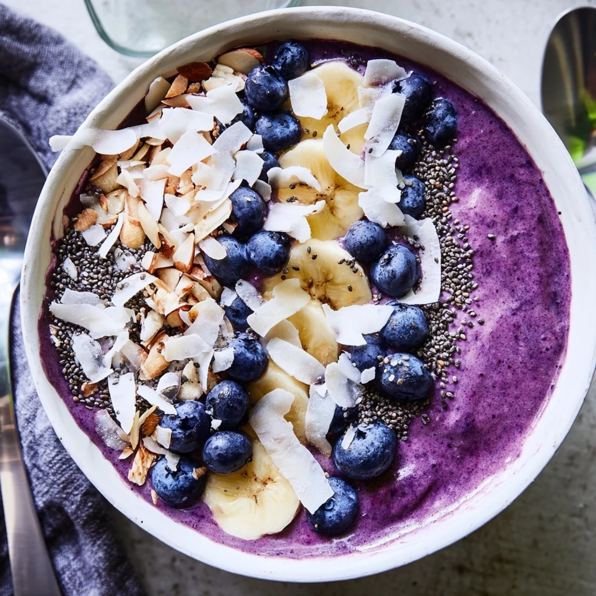 Thick blueberry banana almond smoothie bowl topped with fresh fruit and coconut flakes