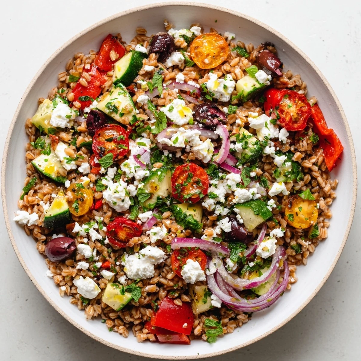 Colorful Mediterranean roasted pepper farro grain bowl topped with tangy feta crumbles and fresh herbs