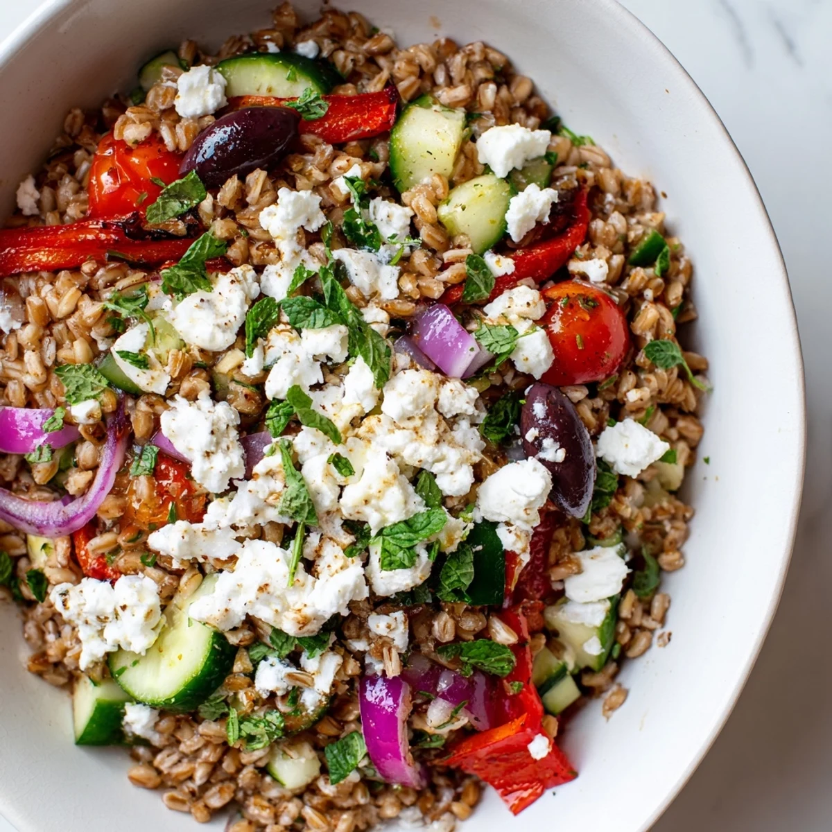Vibrant Mediterranean grain bowl with nutty farro, charred peppers, cucumbers, tomatoes, and creamy feta cheese