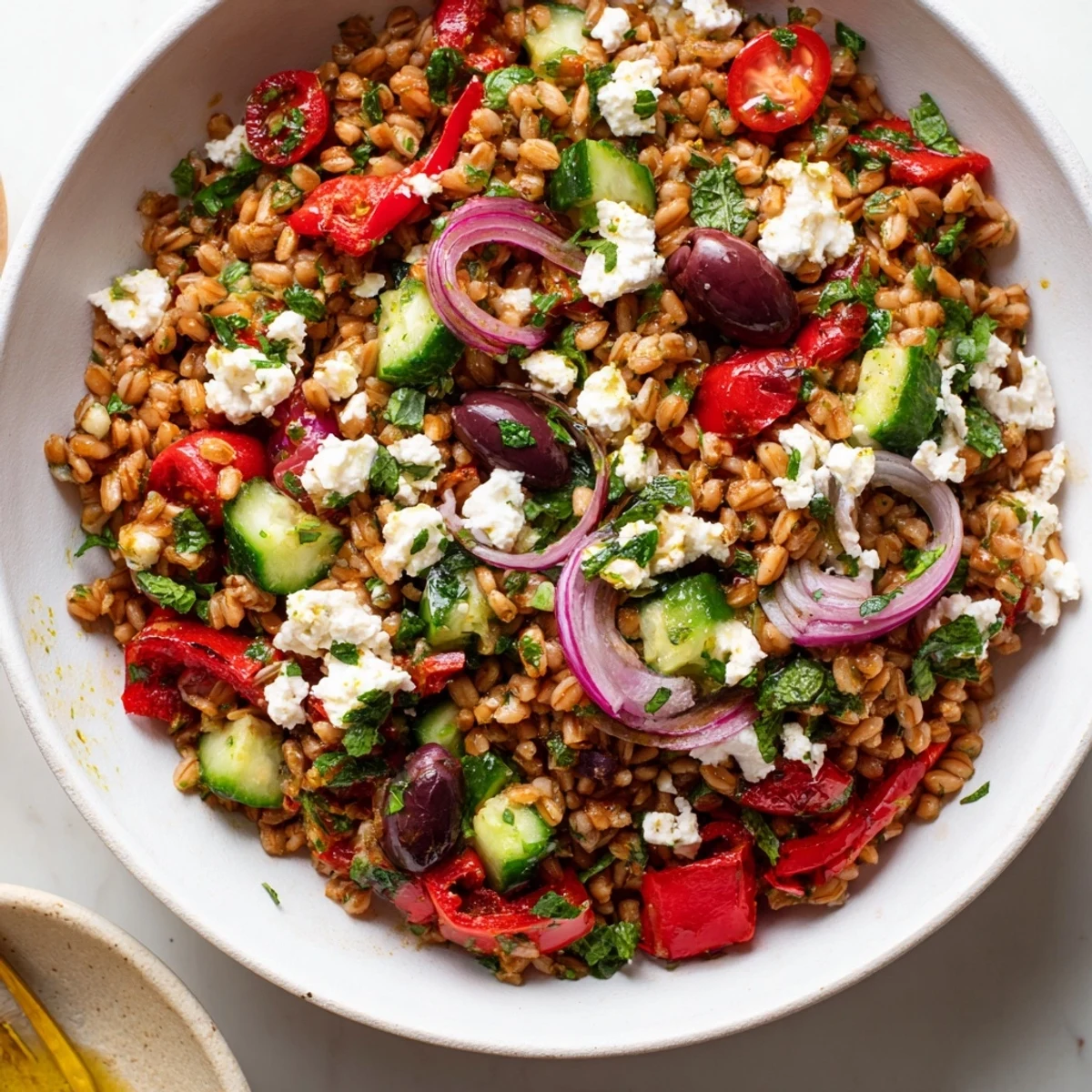 Wholesome farro grain bowl featuring sweet roasted red peppers, crisp vegetables, and zesty lemon-herb dressing