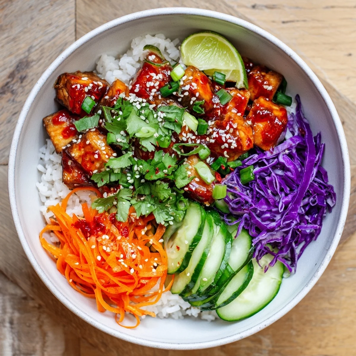 Vibrant vegan bowl featuring roasted gochujang eggplant with crisp veggies and nutty sesame seed topping