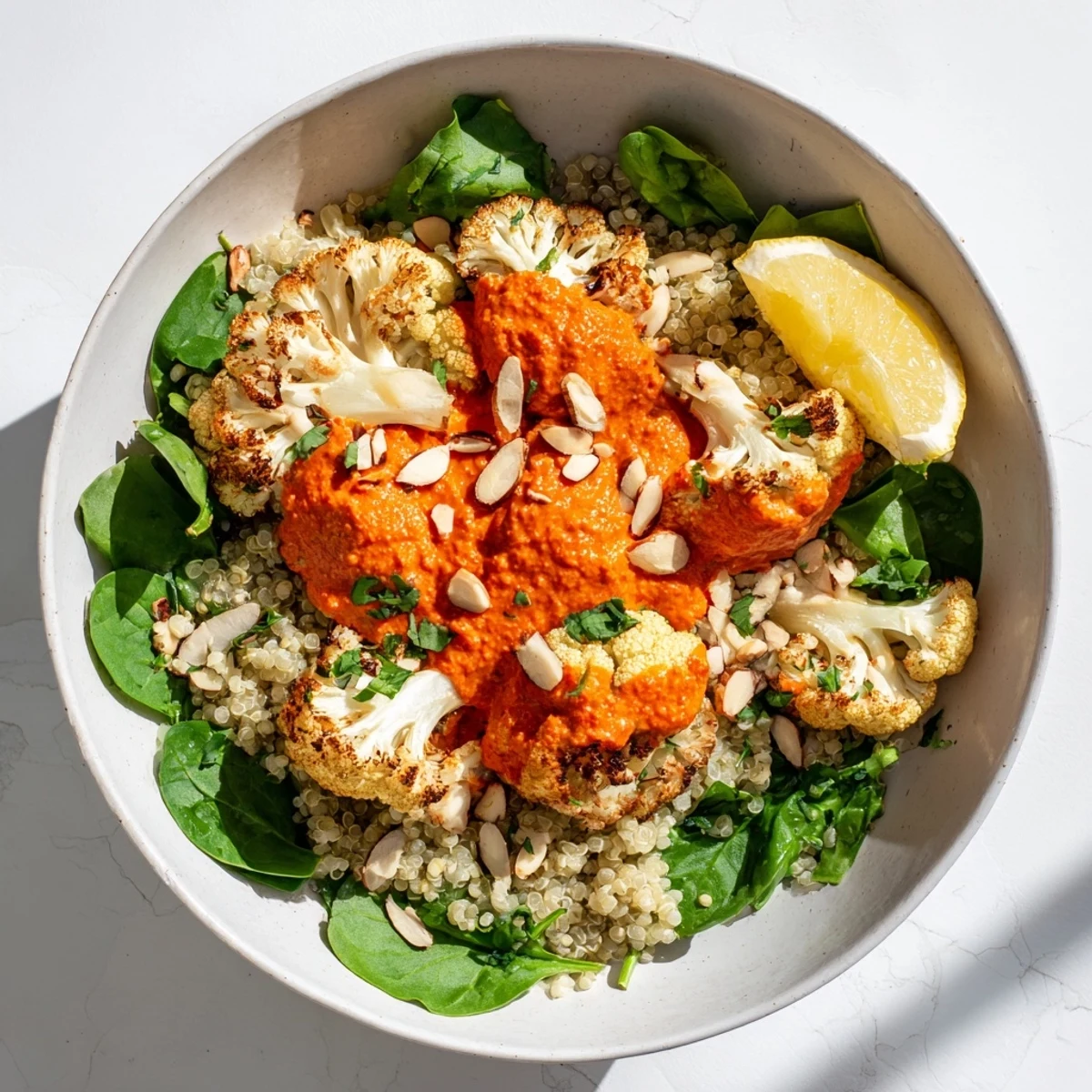 Colorful Mediterranean grain bowl featuring spiced roasted cauliflower, creamy romesco sauce, fresh greens, and crispy sliced almonds
