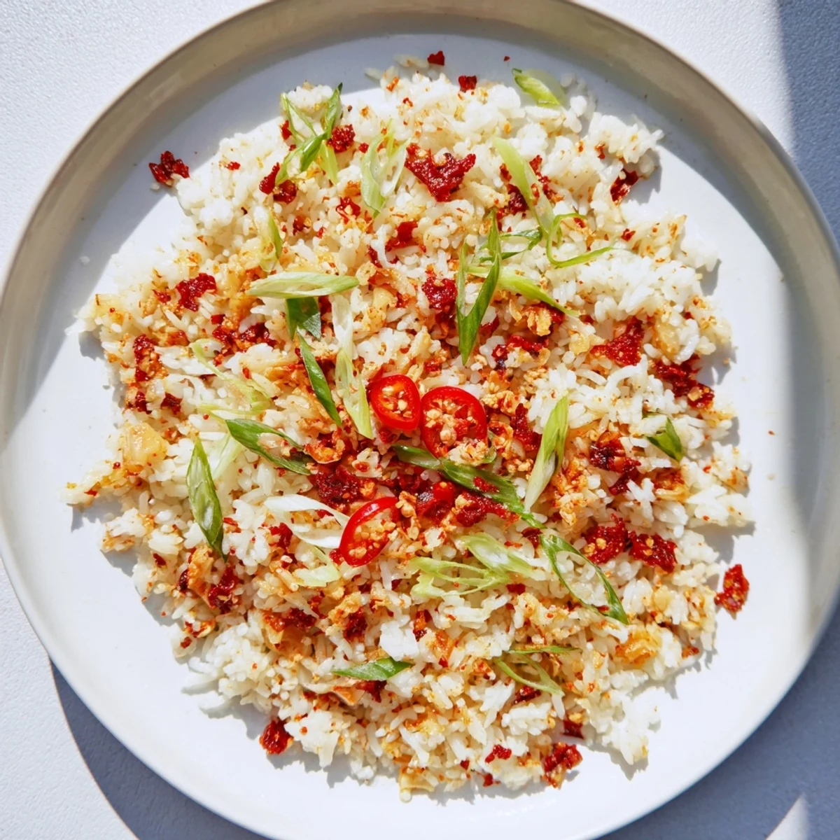 Sizzling Korean-inspired fried rice featuring tangy kimchi, fiery chili, and crisp green scallion garnish