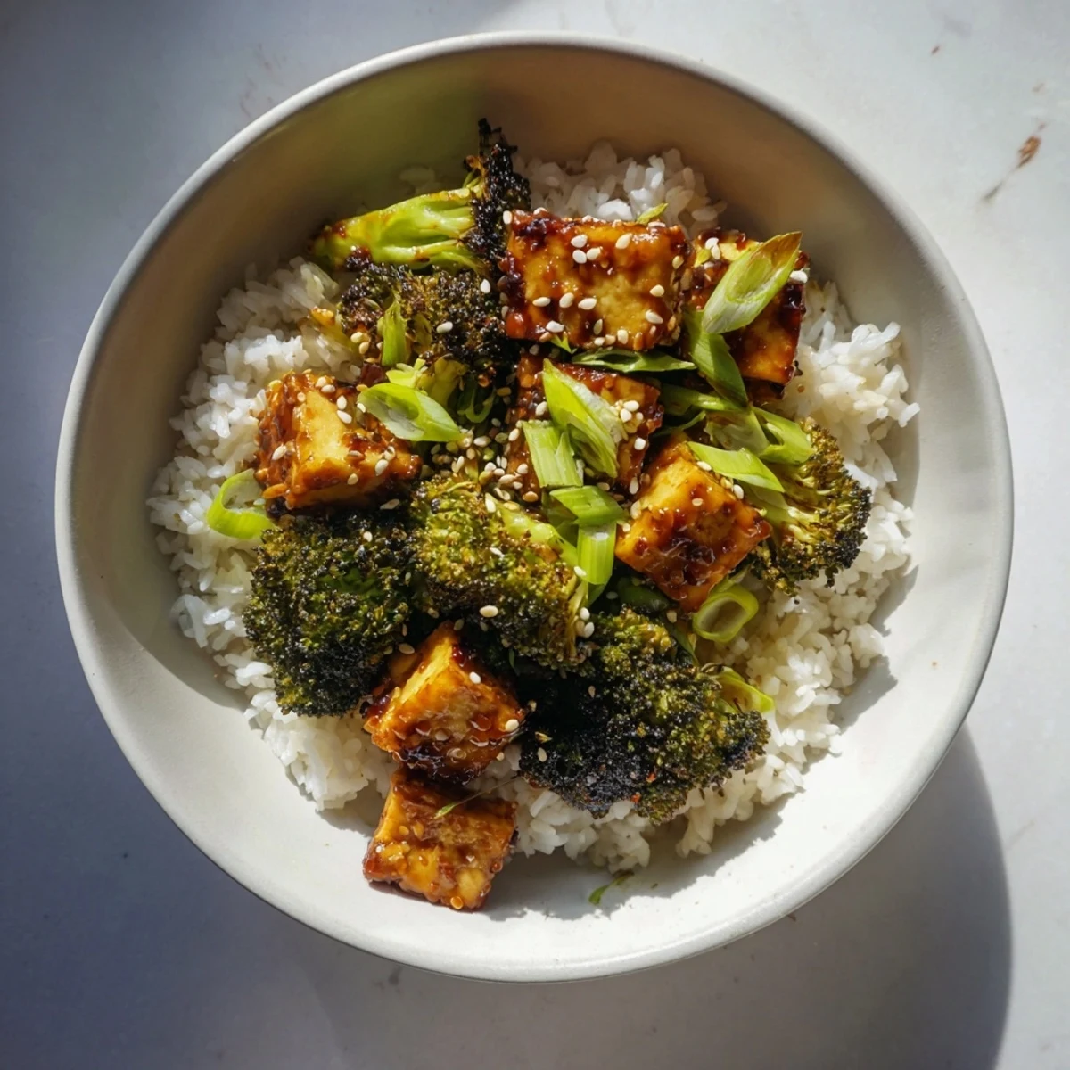 Golden tempeh cubes glazed in sticky maple soy sauce atop fluffy white rice