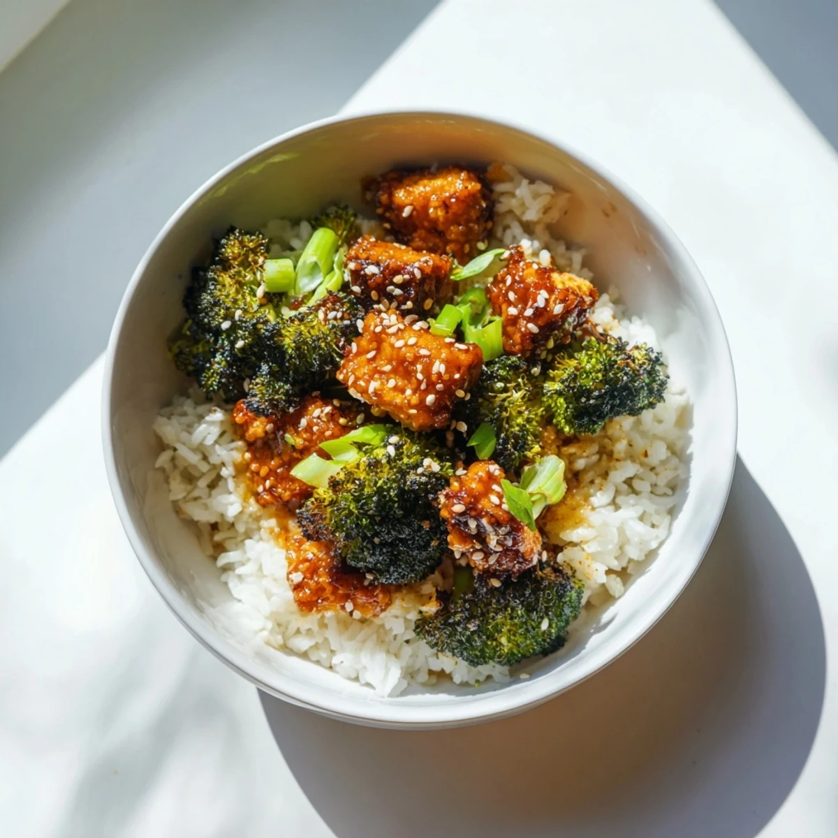 Vegan bowl with maple soy tempeh, roasted broccoli, and toasted sesame seeds