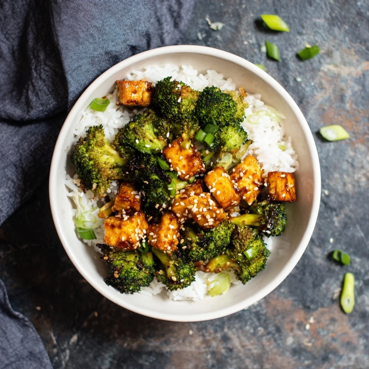 Crispy roasted broccoli florets surrounding caramelized tempeh in a savory sweet glaze