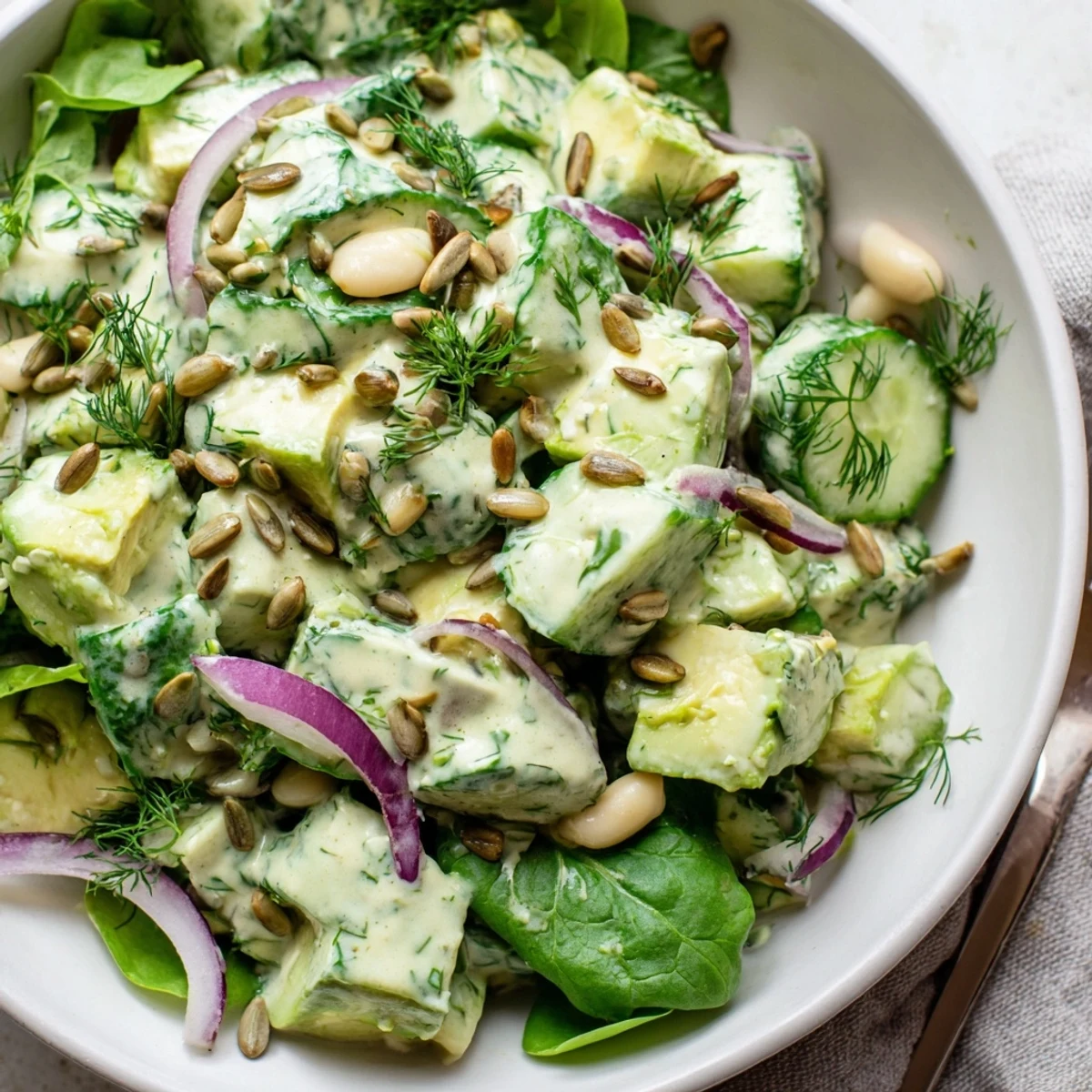 Creamy avocado cucumber white bean salad bowl with crisp vegetables and tangy yogurt dill dressing