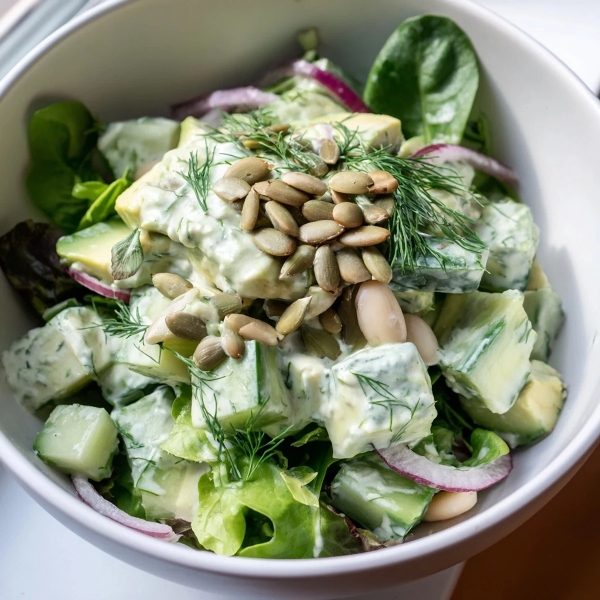 Fresh avocado cucumber white bean salad bowl topped with fragrant dill and white beans on mixed greens