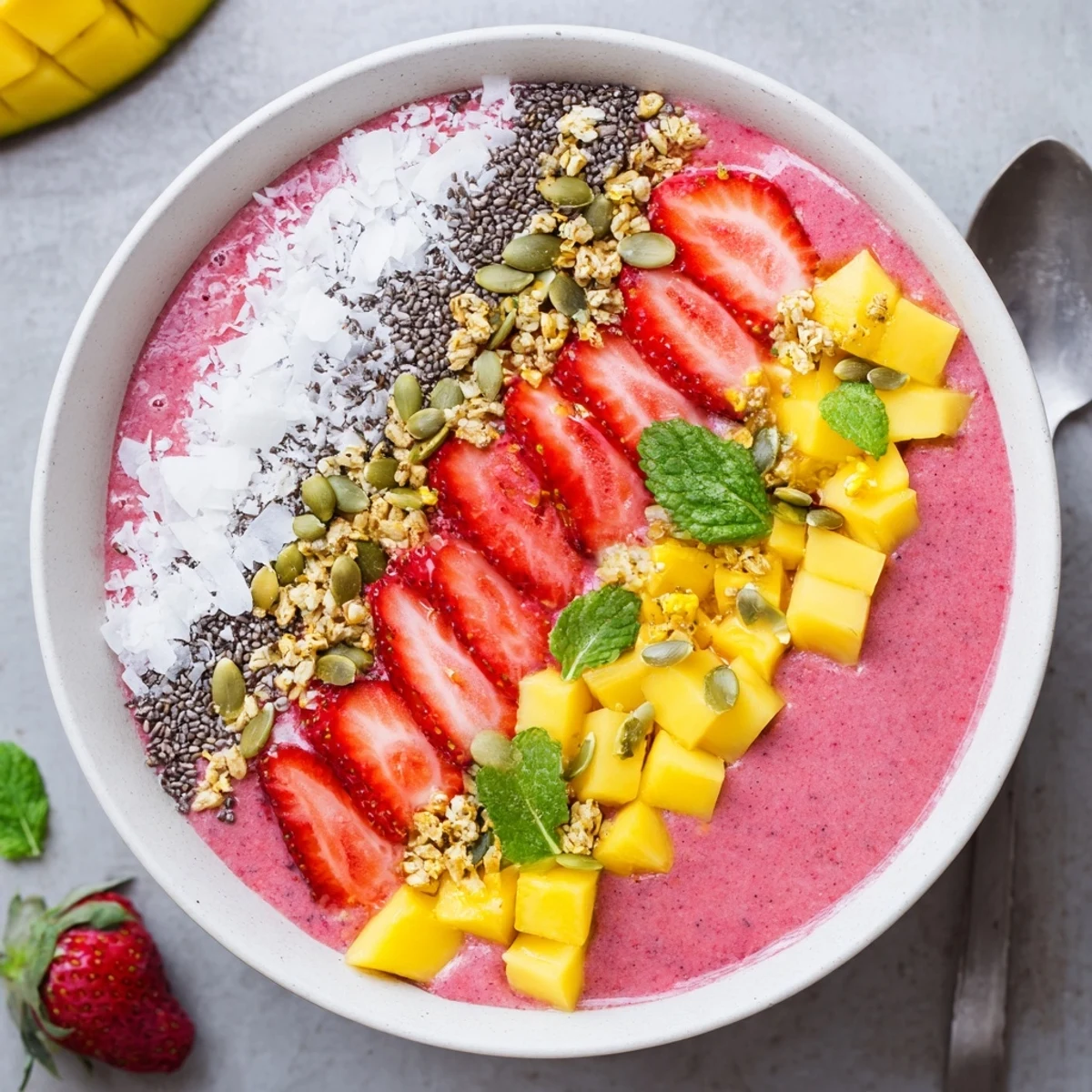 Colorful strawberry mango coconut smoothie bowl topped with fresh fruit and crunchy chia seeds