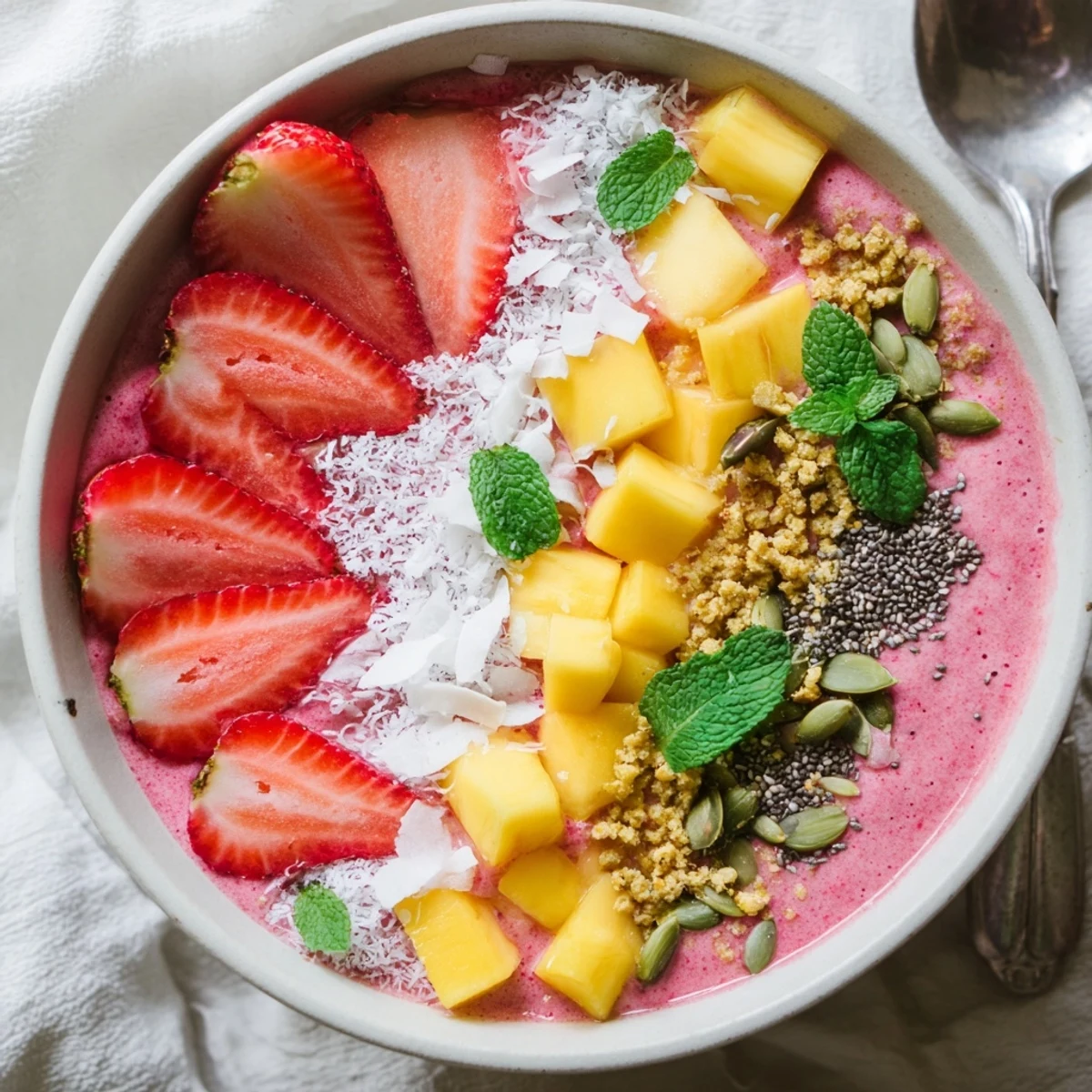 Creamy tropical smoothie bowl with mango, strawberries, and coconut milk sprinkled with granola and seeds
