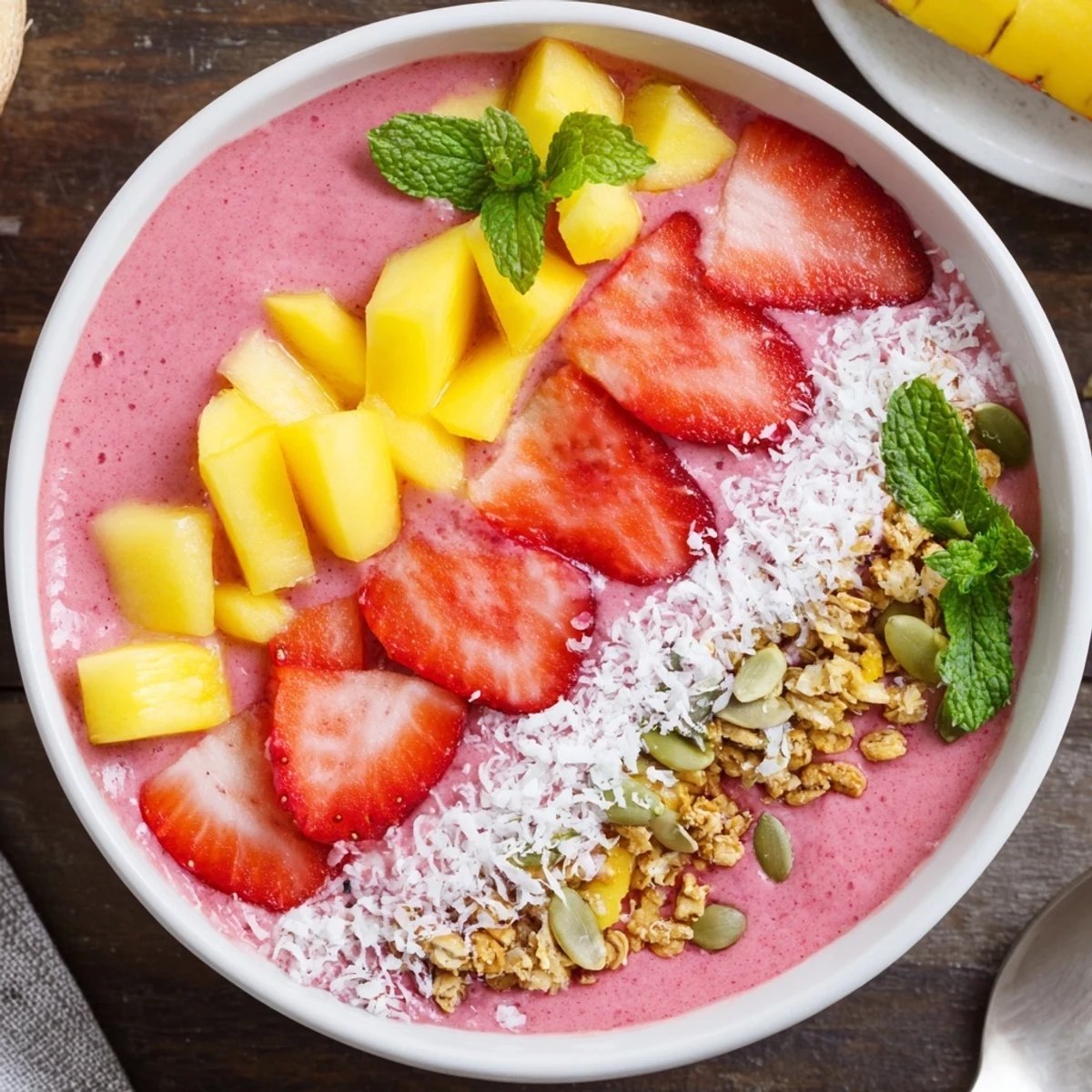 Vibrant breakfast smoothie bowl featuring layered strawberries, mango chunks, shredded coconut, and chia seed topping