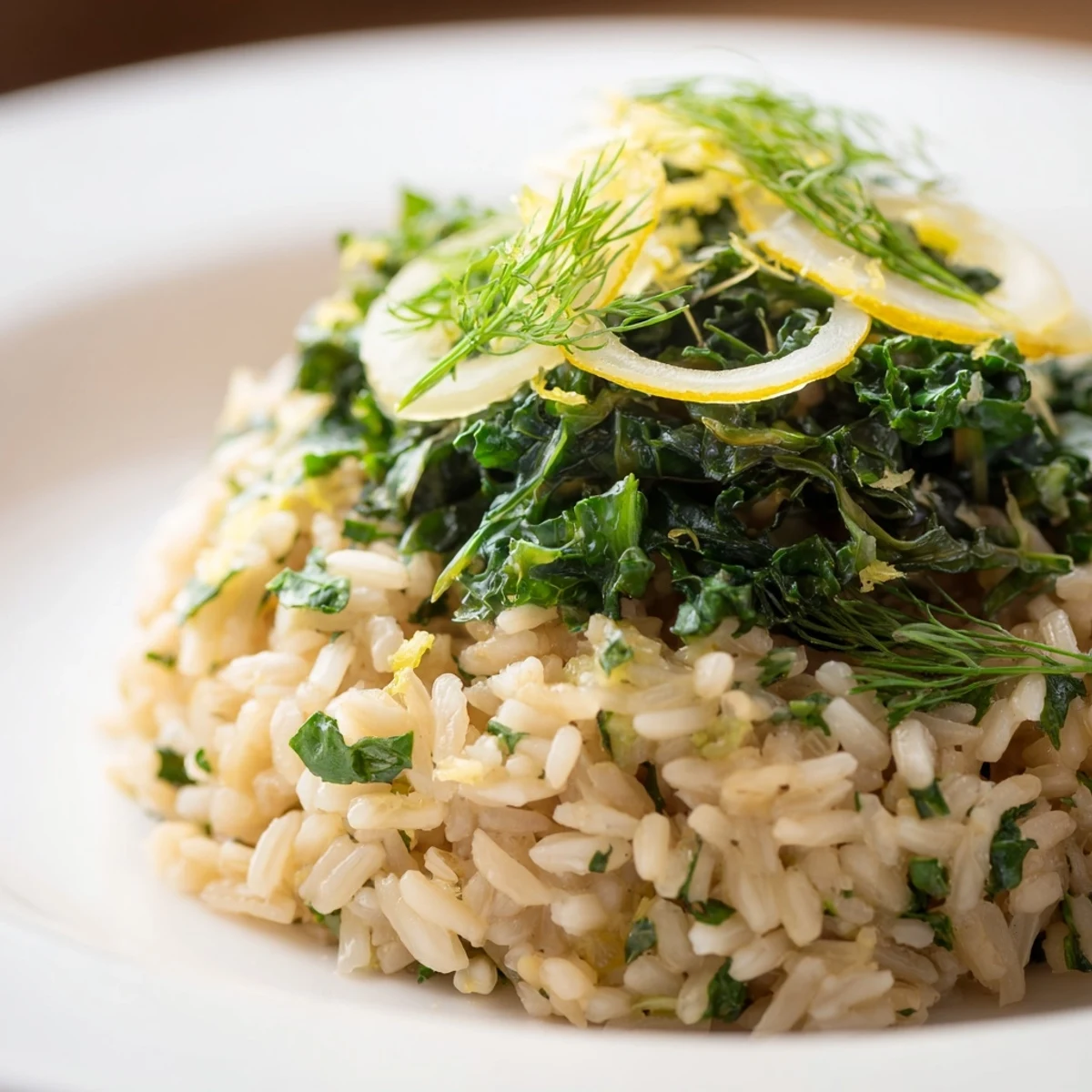 Fluffy brown rice with garlic lemon herbs topped with vibrant sautéed greens in a white bowl