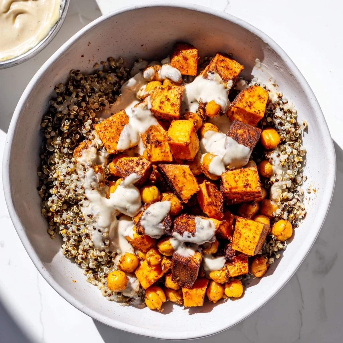 Golden roasted sweet potatoes sit atop fluffy quinoa in this roasted sweet potato tahini quinoa grain bowl drizzled with creamy dressing